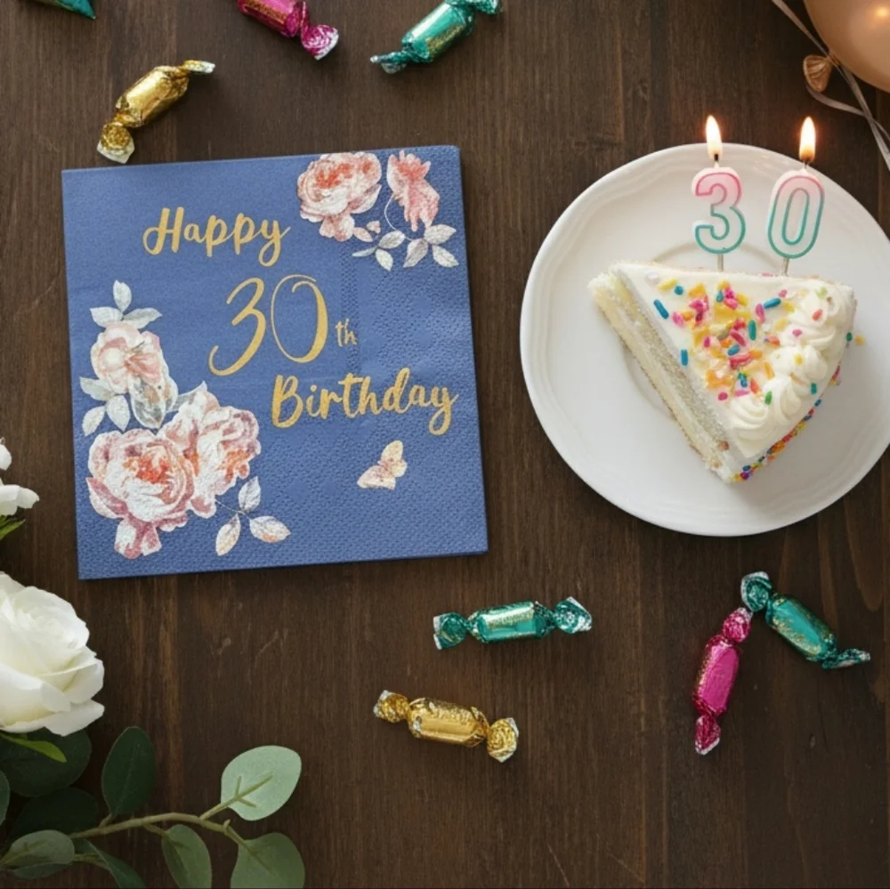 NEW Floral Happy 30th Birthday Napkins - Navy Blue, Gold 50 Pack